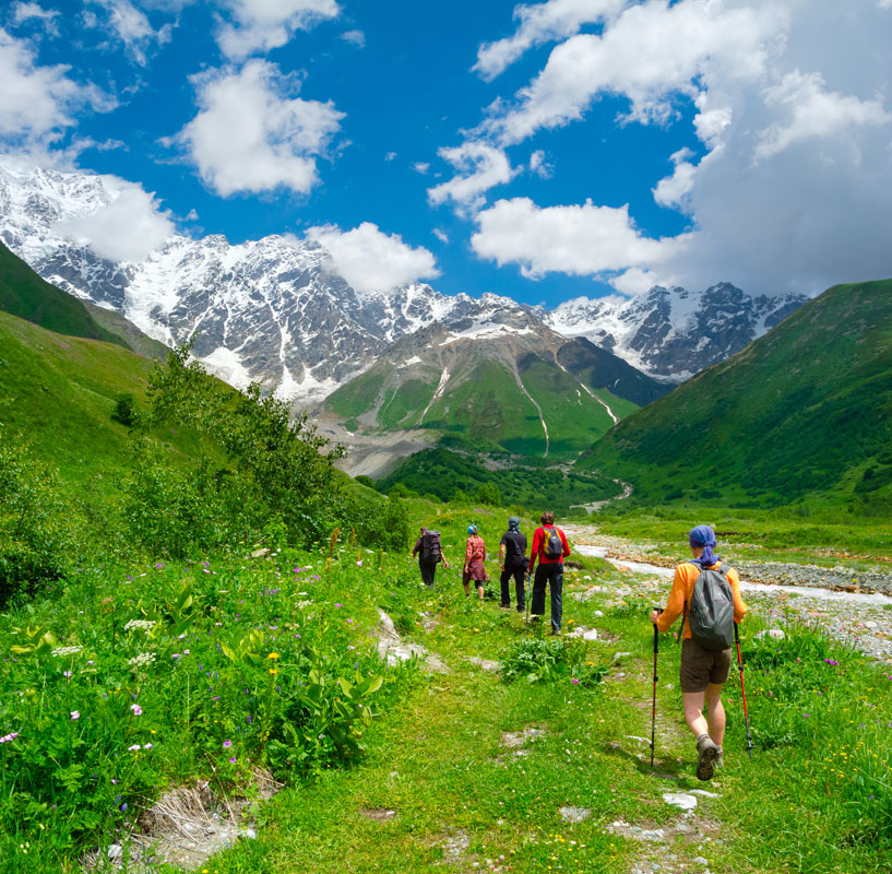 Group hiking up a mountain